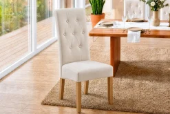Design Stuhl CASA beige Leinen Massivholzbeine mit Zierknöpfen und Nackenrolle