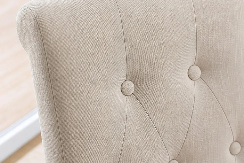 Design Stuhl CASA beige Leinen Massivholzbeine mit Zierknöpfen und Nackenrolle