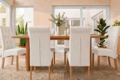 Design Stuhl CASA beige Strukturstoff Massivholzbeine mit Zierknöpfen und Nackenrolle