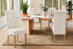 Design Stuhl CASA beige Strukturstoff Massivholzbeine mit Zierknöpfen und Nackenrolle