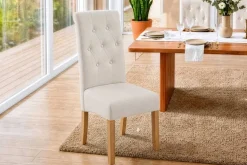 Design Stuhl CASA beige Strukturstoff Massivholzbeine mit Zierknöpfen und Nackenrolle