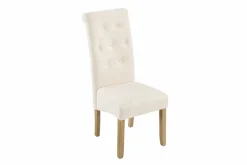 Design Stuhl CASA beige Strukturstoff Massivholzbeine mit Zierknöpfen und Nackenrolle