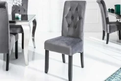 Design Stuhl CASA grau Samt mit Zierknöpfen Massivholzbeine