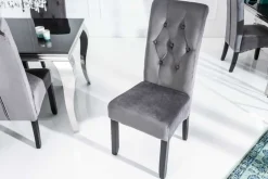 Design Stuhl CASA grau Samt mit Zierknöpfen Massivholzbeine