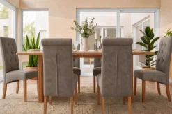 Design Stuhl CASA taupe Microfaser mit Zierknöpfen Massivholzbeine