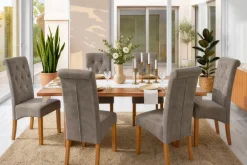 Design Stuhl CASA taupe Microfaser mit Zierknöpfen Massivholzbeine
