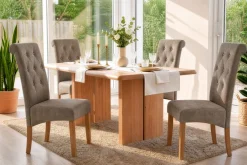 Design Stuhl CASA taupe Microfaser mit Zierknöpfen Massivholzbeine