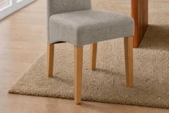 Design Stuhl CASA taupe Strukturstoff Massivholzbeine mit Zierknöpfen und Nackenrolle