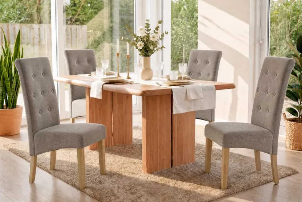 Design Stuhl CASA taupe Strukturstoff Massivholzbeine mit Zierknöpfen und Nackenrolle