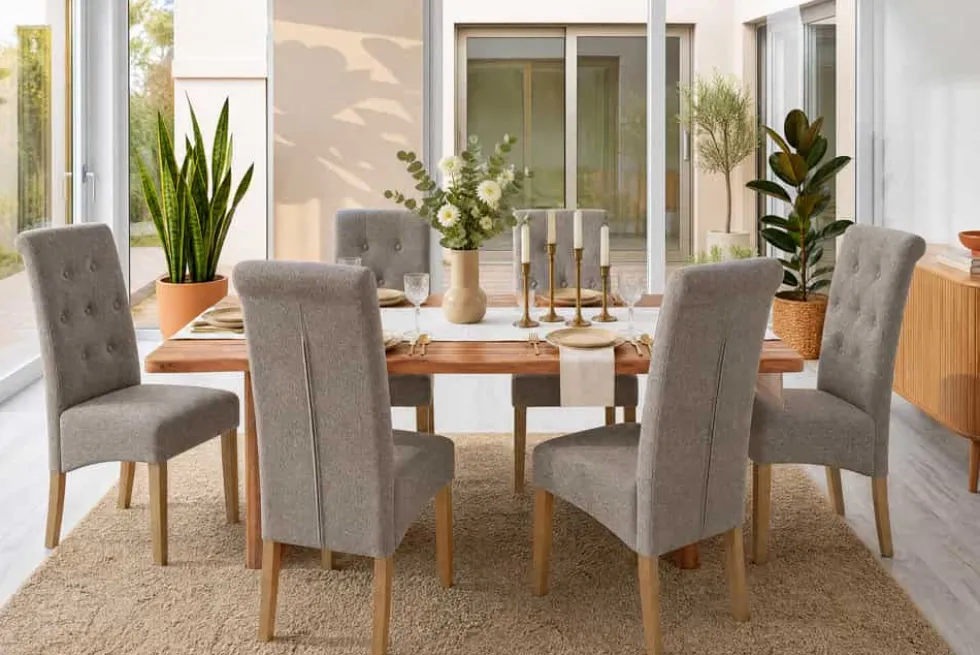 Design Stuhl CASA taupe Strukturstoff Massivholzbeine mit Zierknöpfen und Nackenrolle