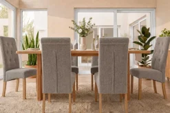 Design Stuhl CASA taupe Strukturstoff Massivholzbeine mit Zierknöpfen und Nackenrolle
