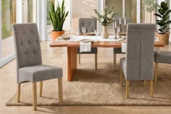 Design Stuhl CASA taupe Strukturstoff Massivholzbeine mit Zierknöpfen und Nackenrolle