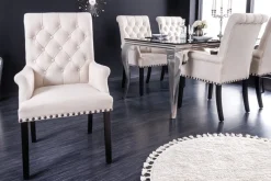 Design Stuhl CASTLE beige schwarz Strukturstoff Armlehnen Holzfüße