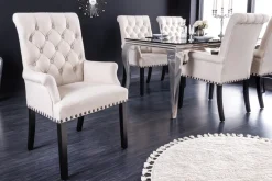 Design Stuhl CASTLE beige schwarz Strukturstoff Armlehnen Holzfüße