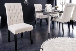 Design Stuhl CASTLE beige schwarz Strukturstoff Holzfüße Chesterfield