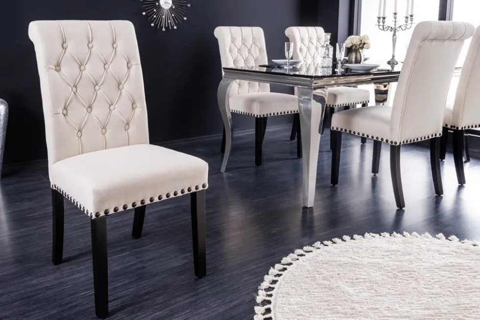Design Stuhl CASTLE beige schwarz Strukturstoff Holzfüße Chesterfield
