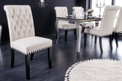 Design Stuhl CASTLE beige schwarz Strukturstoff Holzfüße Chesterfield