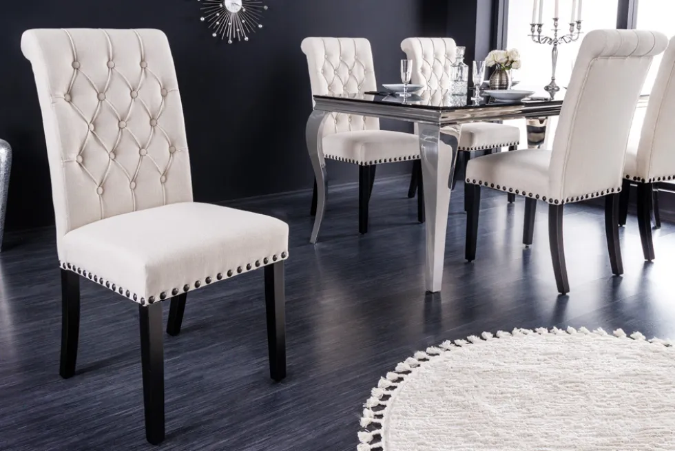 Design Stuhl CASTLE beige schwarz Strukturstoff Holzfüße Chesterfield