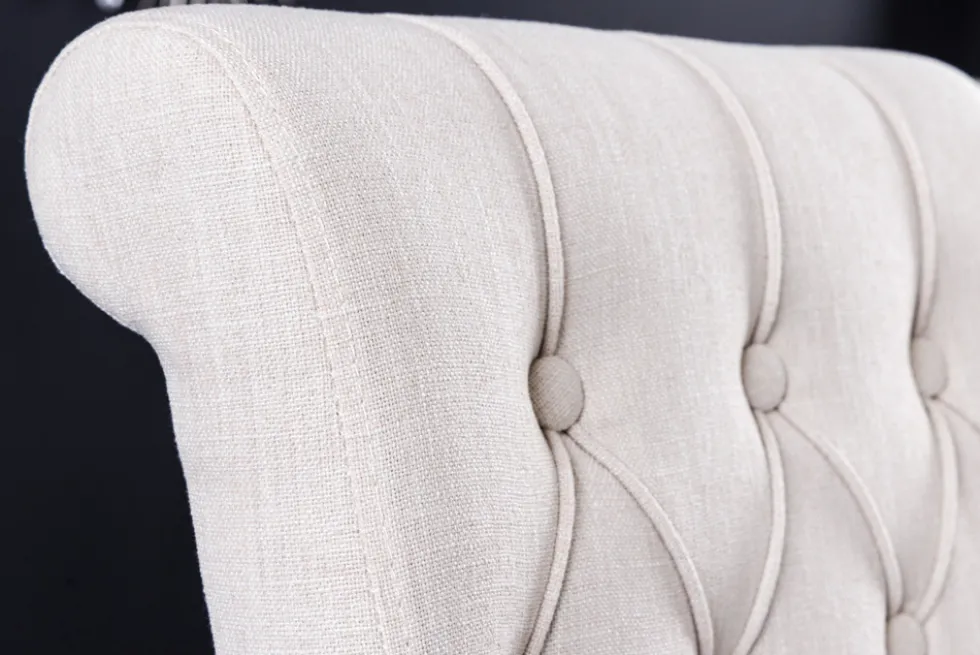 Design Stuhl CASTLE beige schwarz Strukturstoff Holzfüße Chesterfield