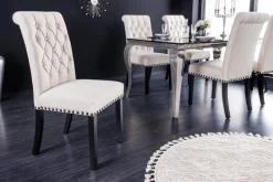 Design Stuhl CASTLE beige schwarz Strukturstoff Holzfüße Chesterfield
