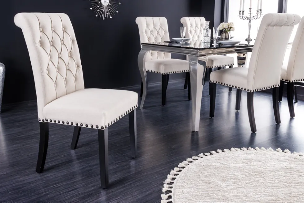 Design Stuhl CASTLE beige schwarz Strukturstoff Holzfüße Chesterfield