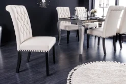 Design Stuhl CASTLE beige schwarz Strukturstoff Holzfüße Chesterfield