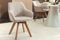 Design Stuhl LIVORNO beige Strukturstoff Massivholzbeine drehbar Auto-Return-Funktion