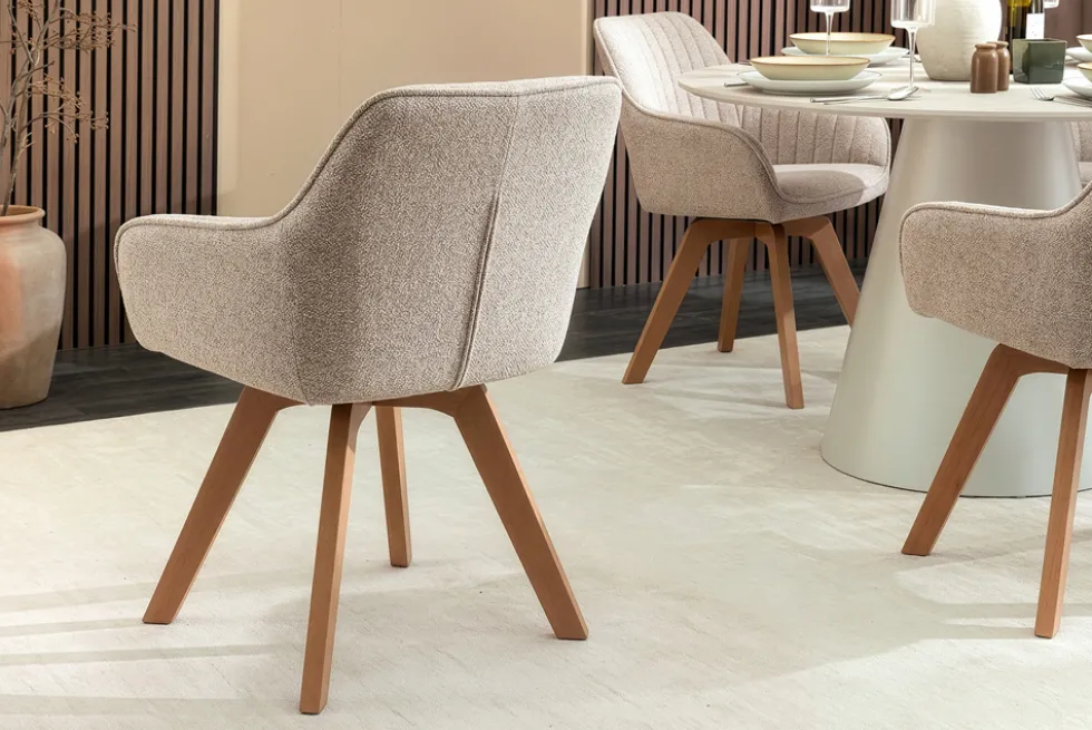 Design Stuhl LIVORNO beige Strukturstoff Massivholzbeine drehbar Auto-Return-Funktion