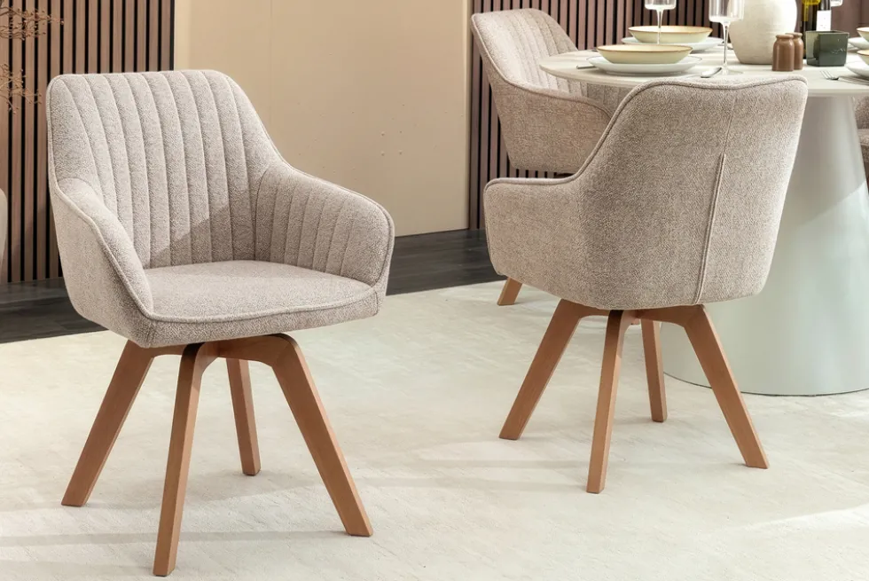 Design Stuhl LIVORNO beige Strukturstoff Massivholzbeine drehbar Auto-Return-Funktion