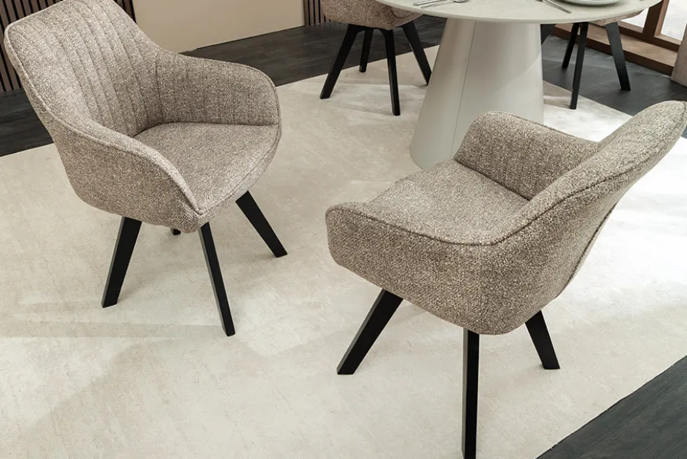 Design Stuhl LIVORNO taupe Strukturstoff schwarz Massivholz drehbar Auto-Return-Funktion