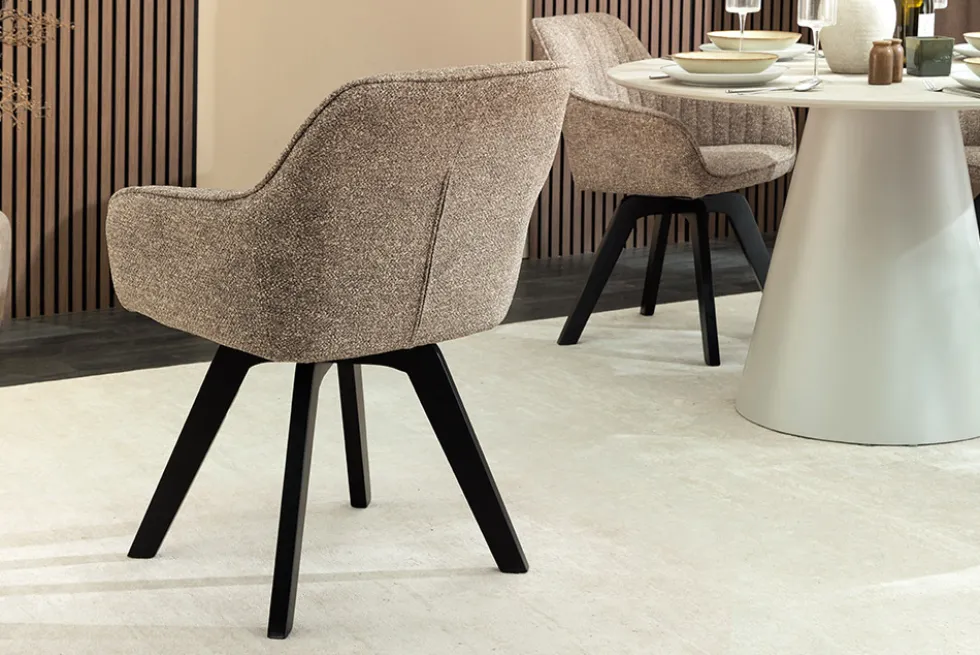 Design Stuhl LIVORNO taupe Strukturstoff schwarz Massivholz drehbar Auto-Return-Funktion