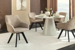Design Stuhl LIVORNO taupe Strukturstoff schwarz Massivholz drehbar Auto-Return-Funktion