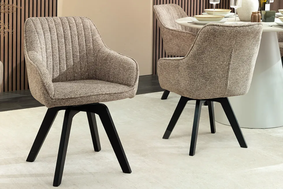 Design Stuhl LIVORNO taupe Strukturstoff schwarz Massivholz drehbar Auto-Return-Funktion