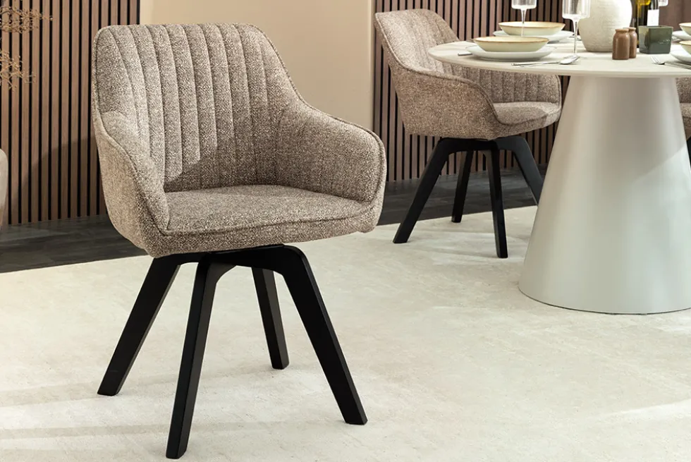 Design Stuhl LIVORNO taupe Strukturstoff schwarz Massivholz drehbar Auto-Return-Funktion