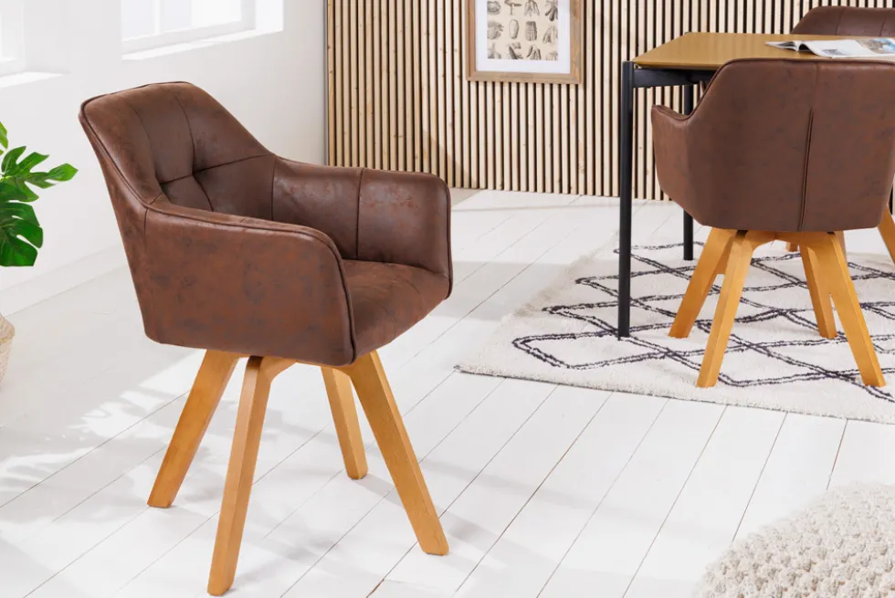 Design Stuhl LOFT antik braun Microfaser drehbar massiv Buchenholz mit Armlehne