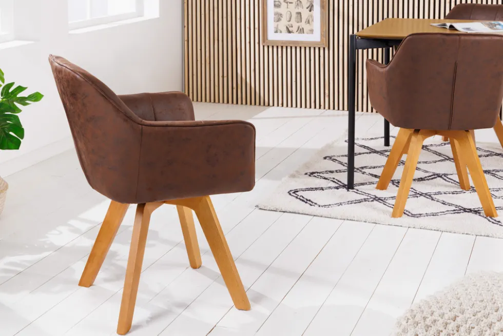 Design Stuhl LOFT antik braun Microfaser drehbar massiv Buchenholz mit Armlehne