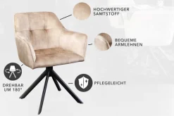 Design Stuhl LOFT champagner Samt drehbar Metallgestell schwarz mit Armlehne