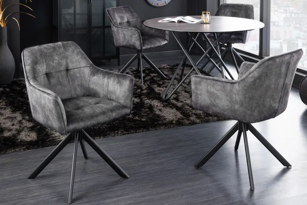 Design Stuhl LOFT dunkelgrau Samt drehbar Metallgestell schwarz mit Armlehne