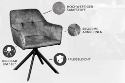 Design Stuhl LOFT dunkelgrau Samt drehbar Metallgestell schwarz mit Armlehne