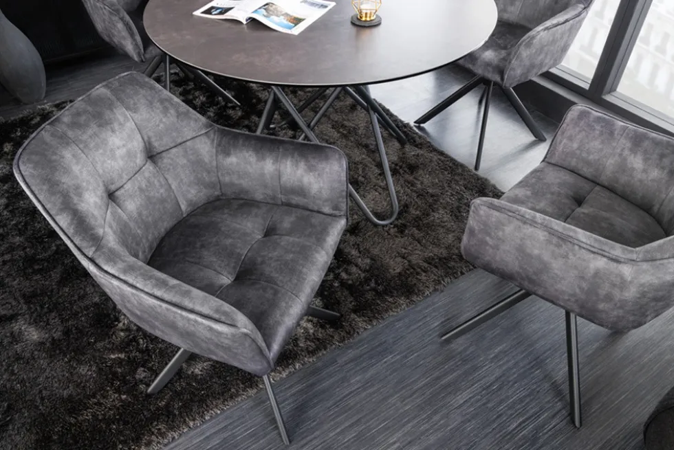 Design Stuhl LOFT dunkelgrau Samt drehbar Metallgestell schwarz mit Armlehne