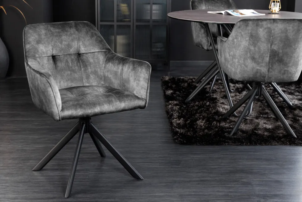 Design Stuhl LOFT dunkelgrau Samt drehbar Metallgestell schwarz mit Armlehne