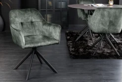 Design Stuhl LOFT grün Samt drehbar Metallgestell schwarz mit Armlehne