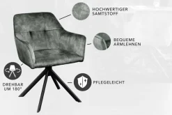 Design Stuhl LOFT grün Samt drehbar Metallgestell schwarz mit Armlehne