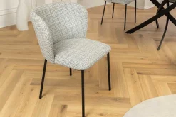Design Stuhl LYON blau kariert Bouclé schwarze Metallbeine