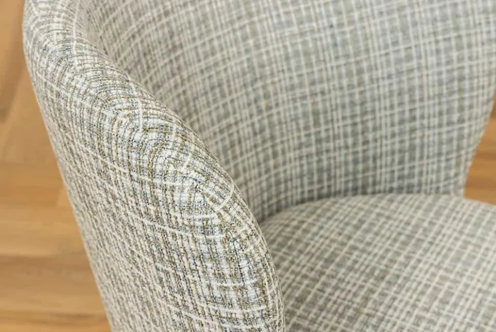 Design Stuhl LYON blau kariert Bouclé schwarze Metallbeine