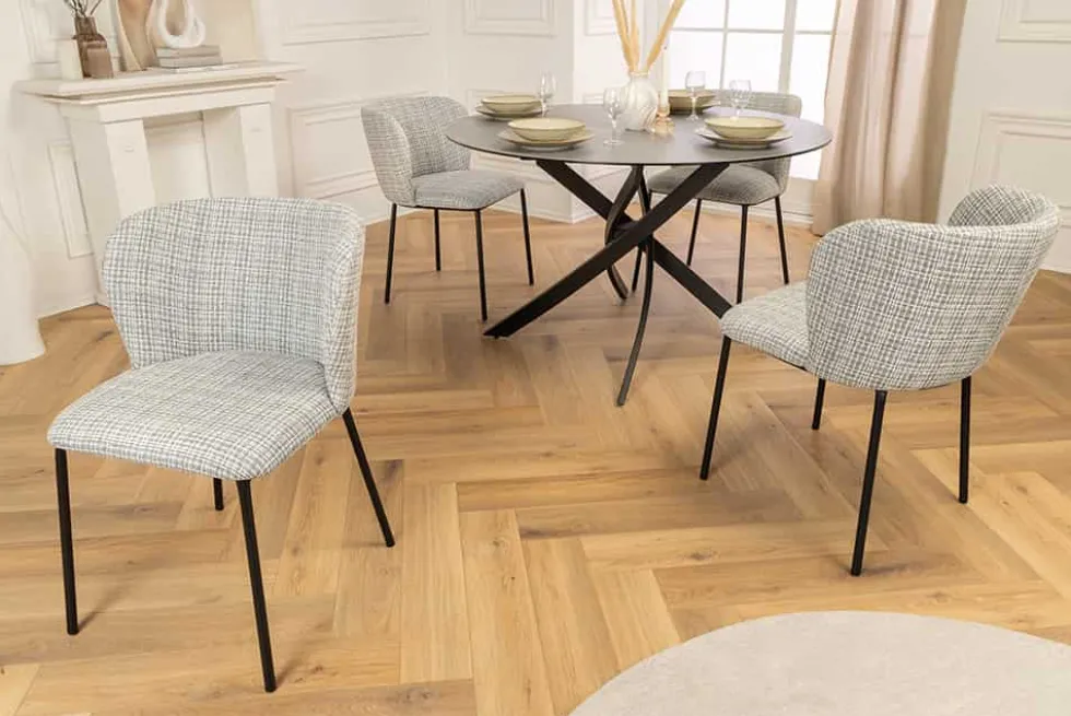 Design Stuhl LYON blau kariert Bouclé schwarze Metallbeine