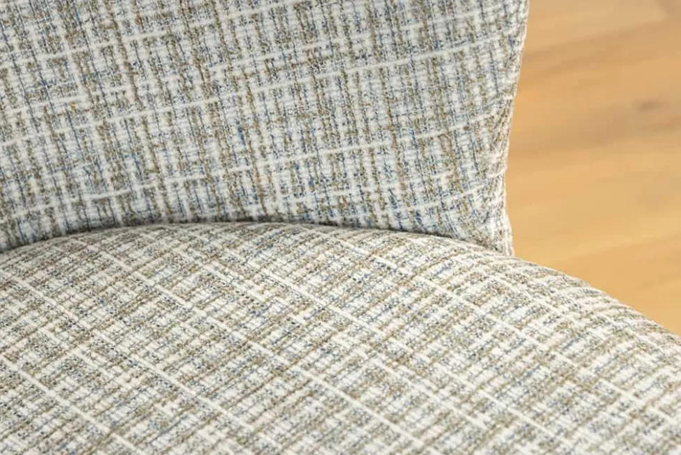 Design Stuhl LYON blau kariert Bouclé schwarze Metallbeine