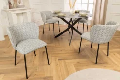 Design Stuhl LYON blau kariert Bouclé schwarze Metallbeine