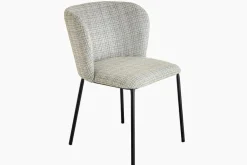 Design Stuhl LYON blau kariert Bouclé schwarze Metallbeine