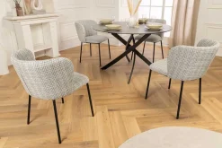 Design Stuhl LYON blau kariert Bouclé schwarze Metallbeine